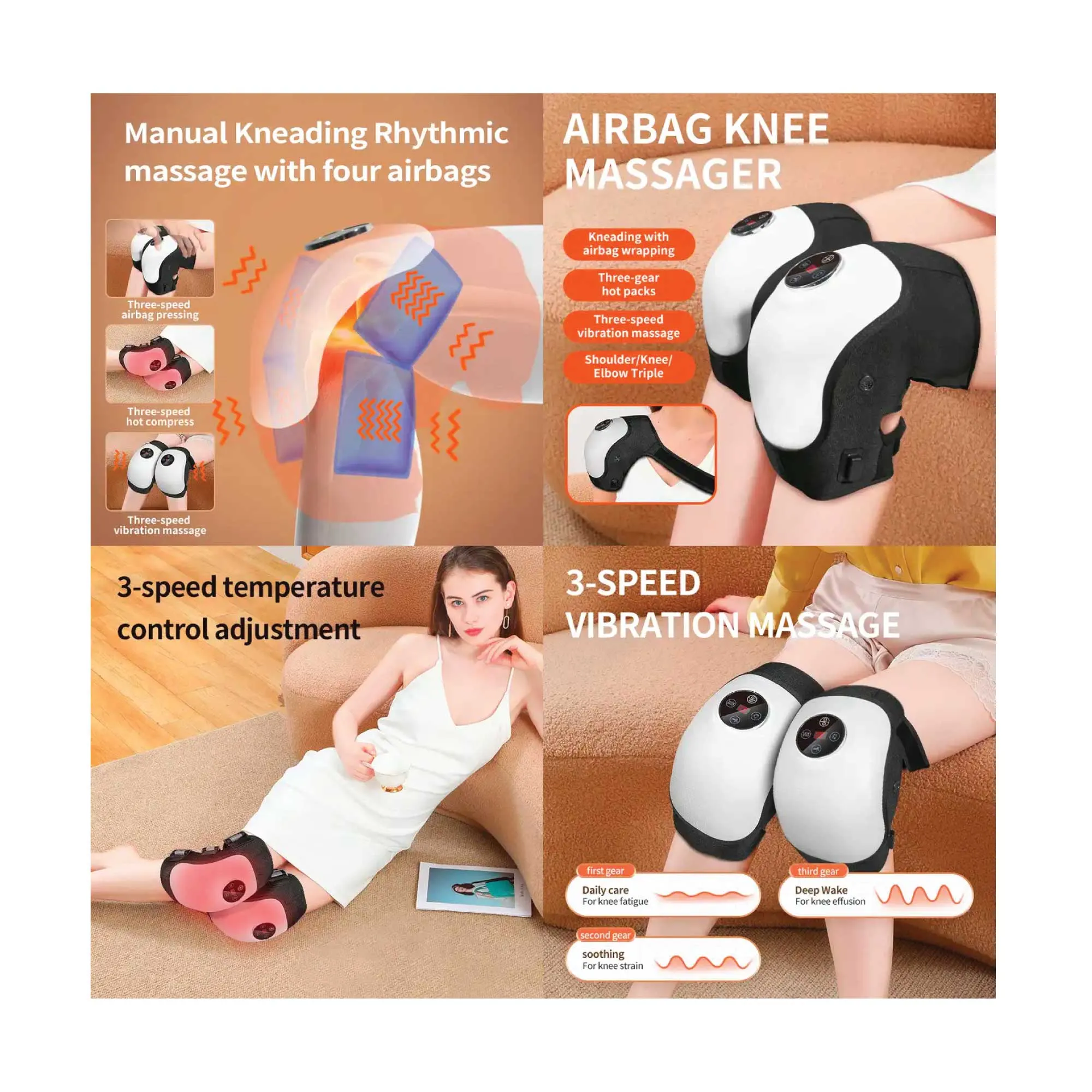 2x Electric Knee Massager | Rechargeable Air Compression | Heat Vibration Machine
