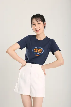 Fatt Chai Embroidered Top in Navy Blue
