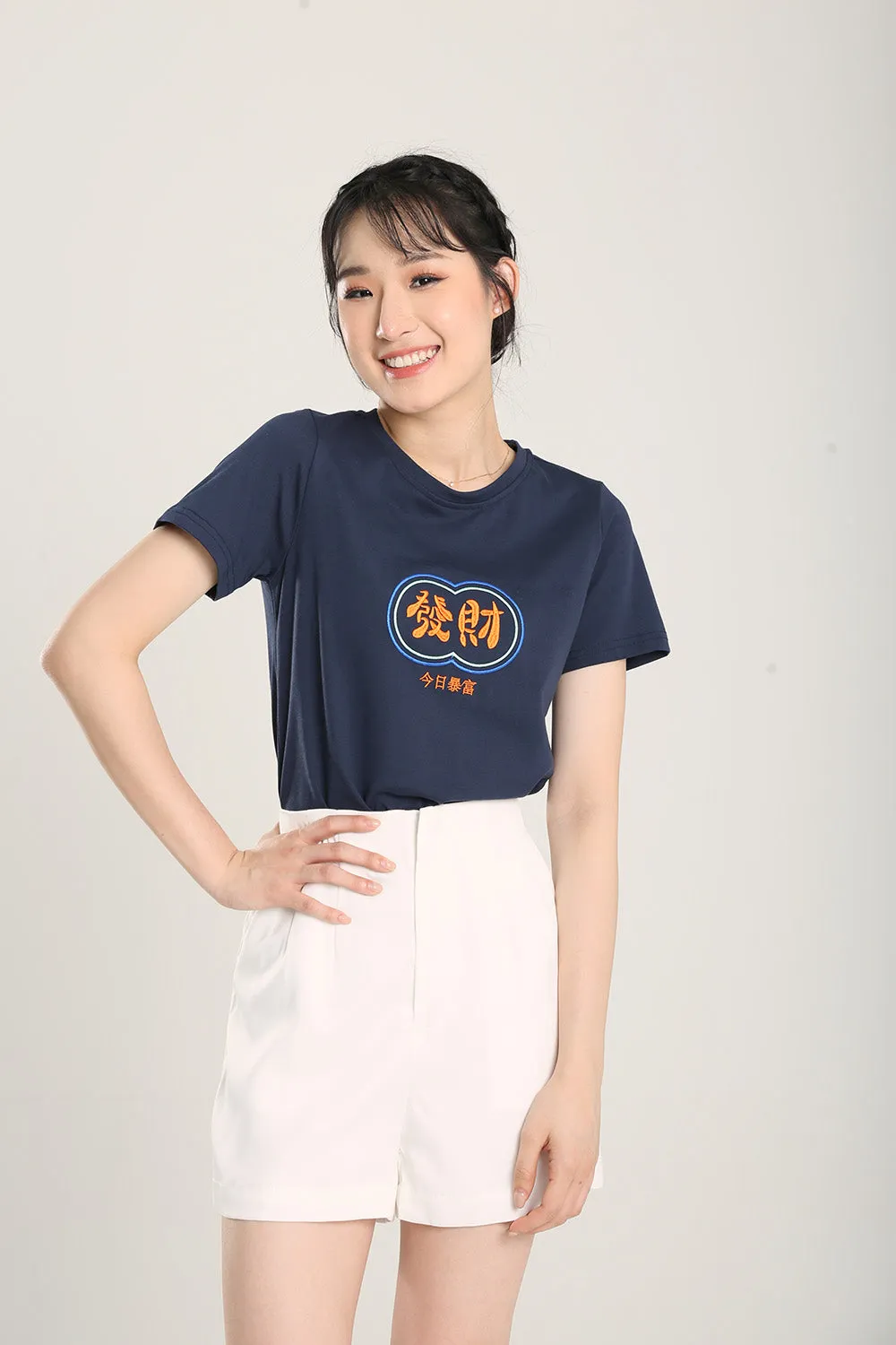 Fatt Chai Embroidered Top in Navy Blue
