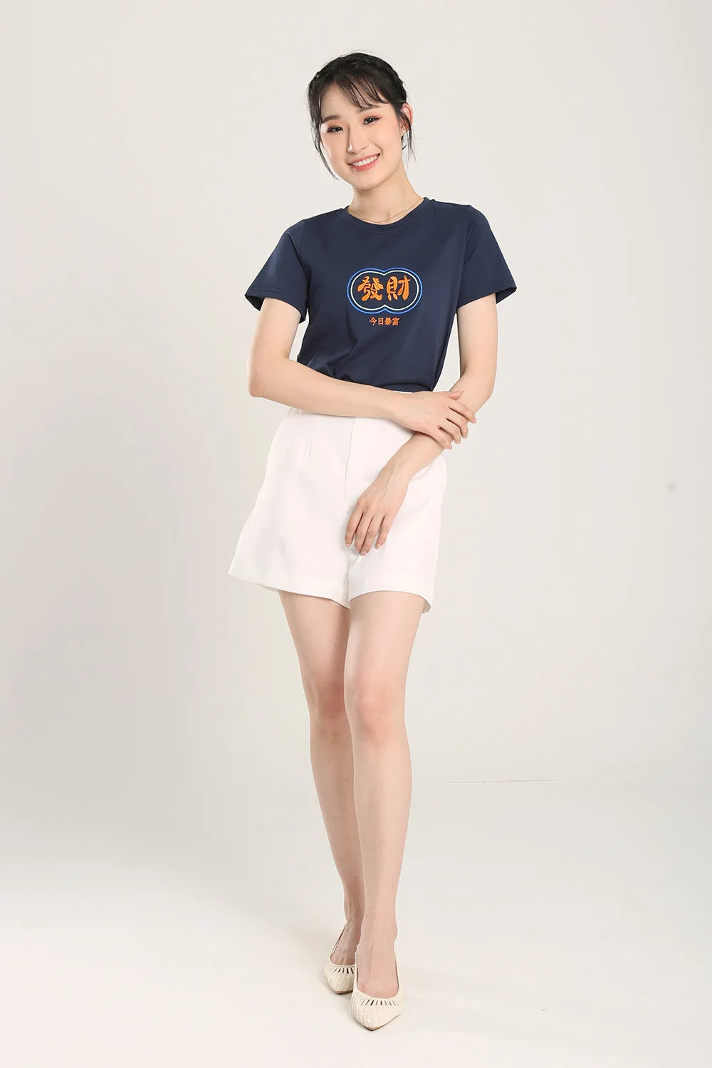 Fatt Chai Embroidered Top in Navy Blue