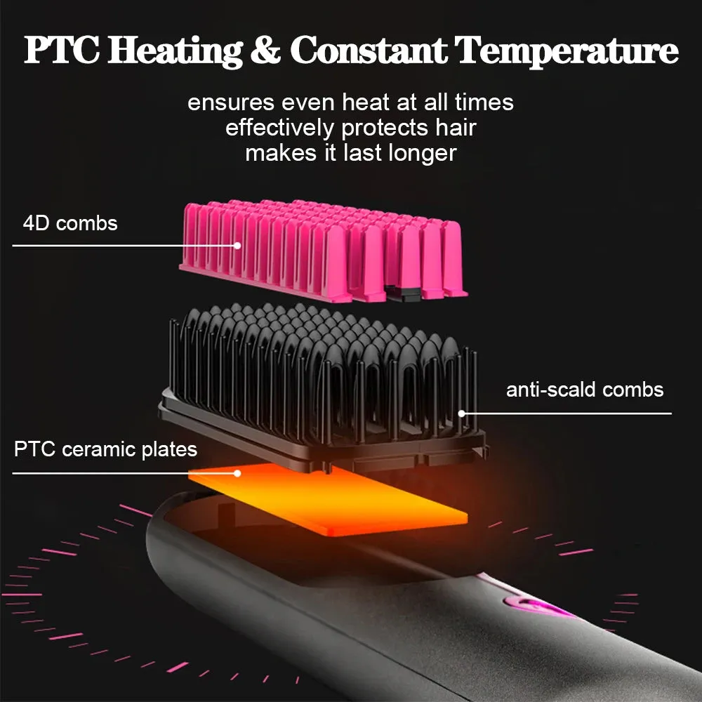 Wireless Ceramic Hair Straightener Brush - Portable Fast Heating Comb